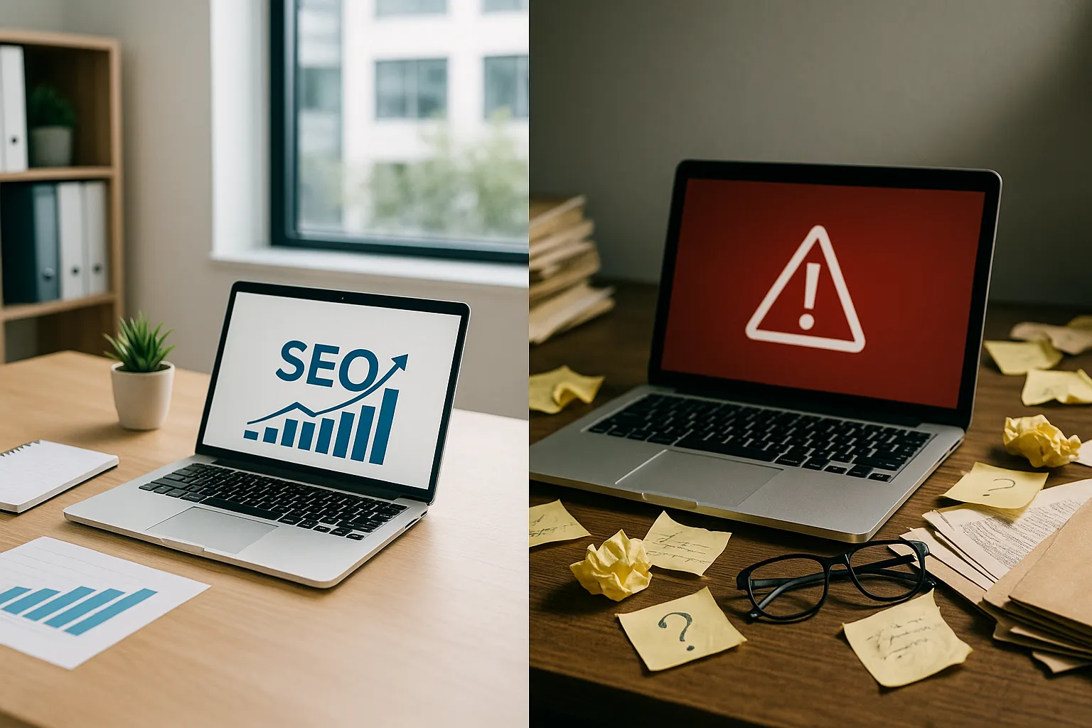 Eine gespaltene Szene: links eine moderne, helle Büro-Arbeitsumgebung mit einem offenen Laptop, auf dem eine aufsteigende SEO-Grafik zu sehen ist; rechts ein chaotischer Schreibtisch mit veralteten Unterlagen, verwirrten Notizzetteln und einem Laptop mit einem roten Fehlerbildschirm. Der Kontrast zwischen Erfolg und Misserfolg ist deutlich sichtbar.