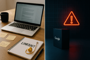 Darstellung eines Arbeitsplatzes auf der linken Seite mit kreativen Elementen wie Laptop, Notizen, einem goldenen Köder in Form eines Angelhaken. Rechts davon eine kalte, sterile Digitalwelt mit roten Warnsymbolen, Gitternetzstrukturen und technischer Ästhetik.