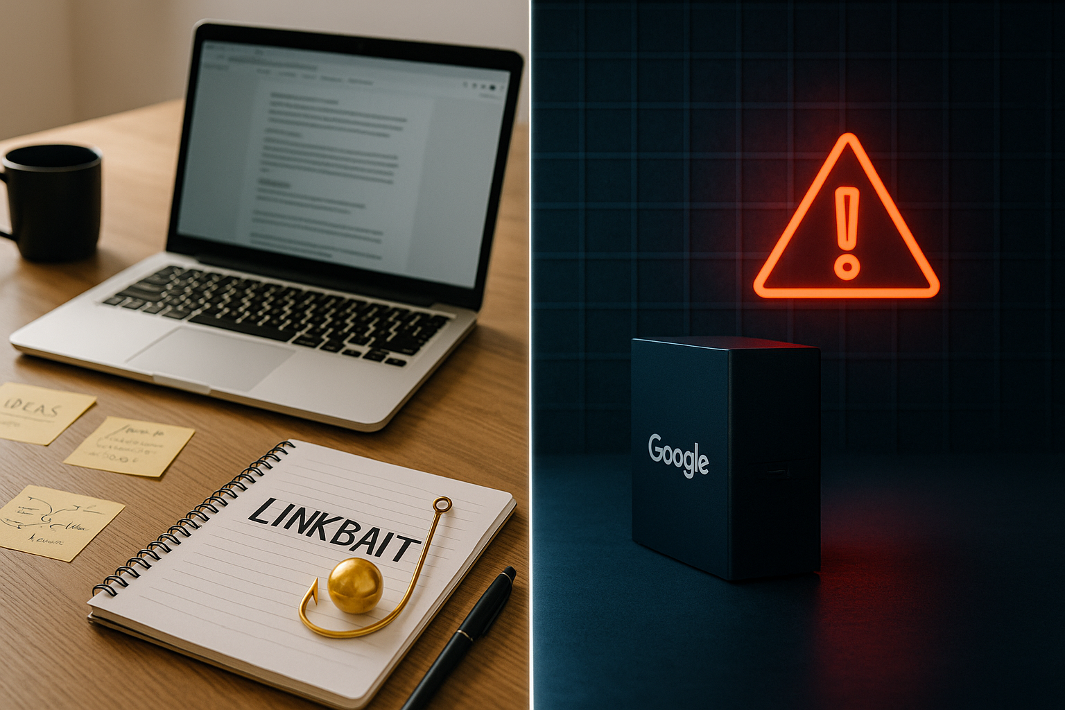 Darstellung eines Arbeitsplatzes auf der linken Seite mit kreativen Elementen wie Laptop, Notizen, einem goldenen Köder in Form eines Angelhaken. Rechts davon eine kalte, sterile Digitalwelt mit roten Warnsymbolen, Gitternetzstrukturen und technischer Ästhetik.