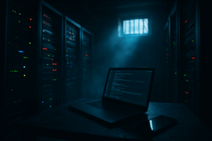 Laptop mit Codeanzeige in einem düster beleuchteten Serverraum mit leuchtenden Serverracks – symbolisch für KI und Cybercrime im Darknet.