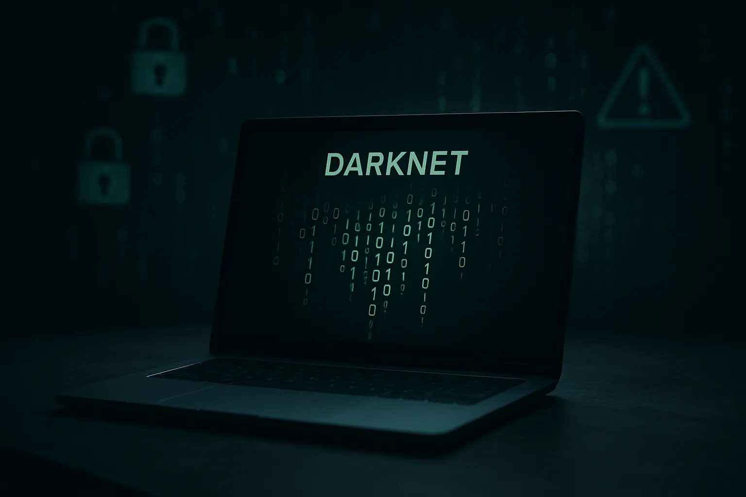 Ein dunkler Raum mit einem einzelnen, schwach beleuchteten Laptop auf einem Schreibtisch. Der Bildschirm zeigt eine stilisierte Darknet-Oberfläche im Terminalstil. Aus dem Bildschirm tropfen leuchtende Einsen und Nullen wie digitale Tropfen nach unten. Im Hintergrund verschwimmen Symbole wie Vorhängeschlösser, Binärcode und Warnhinweise im dunklen Raum.
