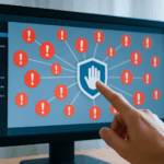 Bildschirm mit geöffnetem WordPress-Dashboard, umgeben von roten Warnsymbolen für Pingback-Spam, ein Finger tippt auf ein digitales Stoppsymbol in Form eines Schutzschilds.