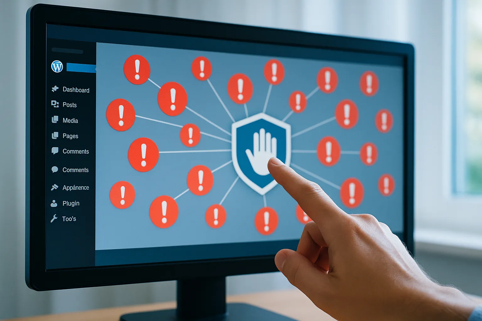 Bildschirm mit geöffnetem WordPress-Dashboard, umgeben von roten Warnsymbolen für Pingback-Spam, ein Finger tippt auf ein digitales Stoppsymbol in Form eines Schutzschilds.