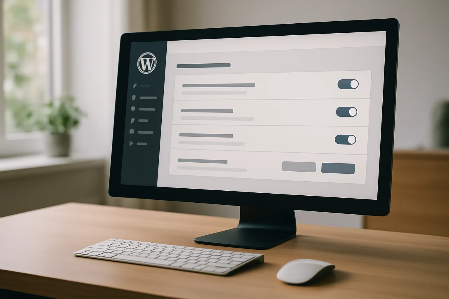 Moderner Arbeitsplatz mit großem Monitor, der eine stilisierte Benutzeroberfläche zeigt, im Fokus; helle, aufgeräumte Umgebung mit Tastatur und Maus auf einem Holzschreibtisch, Tageslicht von links.
