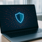 Laptop mit leuchtendem Schutzschild-Symbol auf dem Bildschirm, umgeben von roten Angriffs-Pfeilen, die eine DDoS-Attacke darstellen.