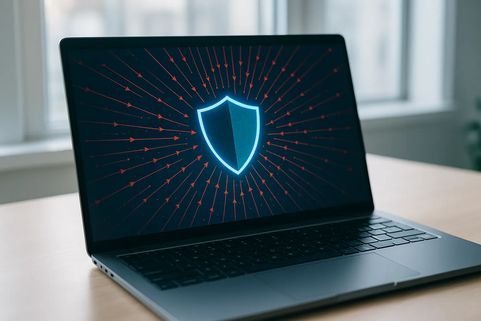 Laptop mit leuchtendem Schutzschild-Symbol auf dem Bildschirm, umgeben von roten Angriffs-Pfeilen, die eine DDoS-Attacke darstellen.