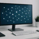 Modernes, minimalistisch eingerichtetes Homeoffice mit einem großen Monitor, auf dem ein Netzwerkdiagramm aus leuchtenden Punkten und Linien zu sehen ist.