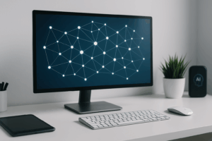 Modernes, minimalistisch eingerichtetes Homeoffice mit einem großen Monitor, auf dem ein Netzwerkdiagramm aus leuchtenden Punkten und Linien zu sehen ist.
