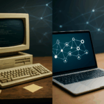 Ein geteiltes Bild zeigt links einen alten Röhrenmonitor mit vergilbter Tastatur auf einem unaufgeräumten Schreibtisch, rechts einen modernen Laptop mit Netzwerkdiagramm auf dem Bildschirm in klarer, minimalistischer Umgebung – verbunden durch digitale Linien im Hintergrund.