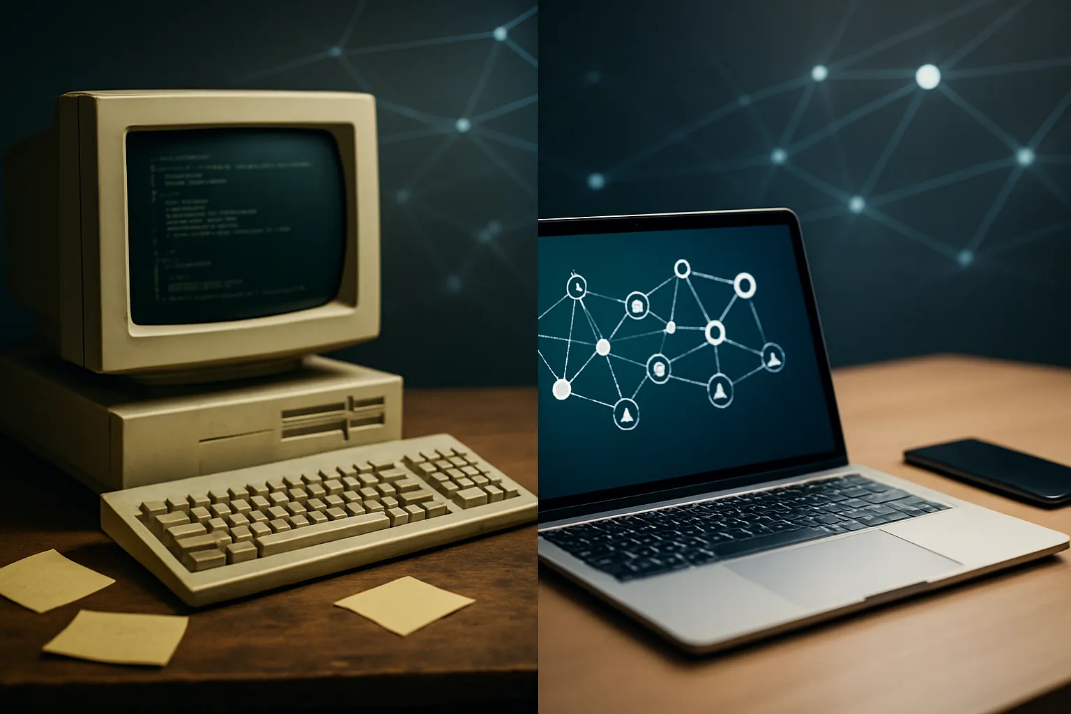 Ein geteiltes Bild zeigt links einen alten Röhrenmonitor mit vergilbter Tastatur auf einem unaufgeräumten Schreibtisch, rechts einen modernen Laptop mit Netzwerkdiagramm auf dem Bildschirm in klarer, minimalistischer Umgebung – verbunden durch digitale Linien im Hintergrund.