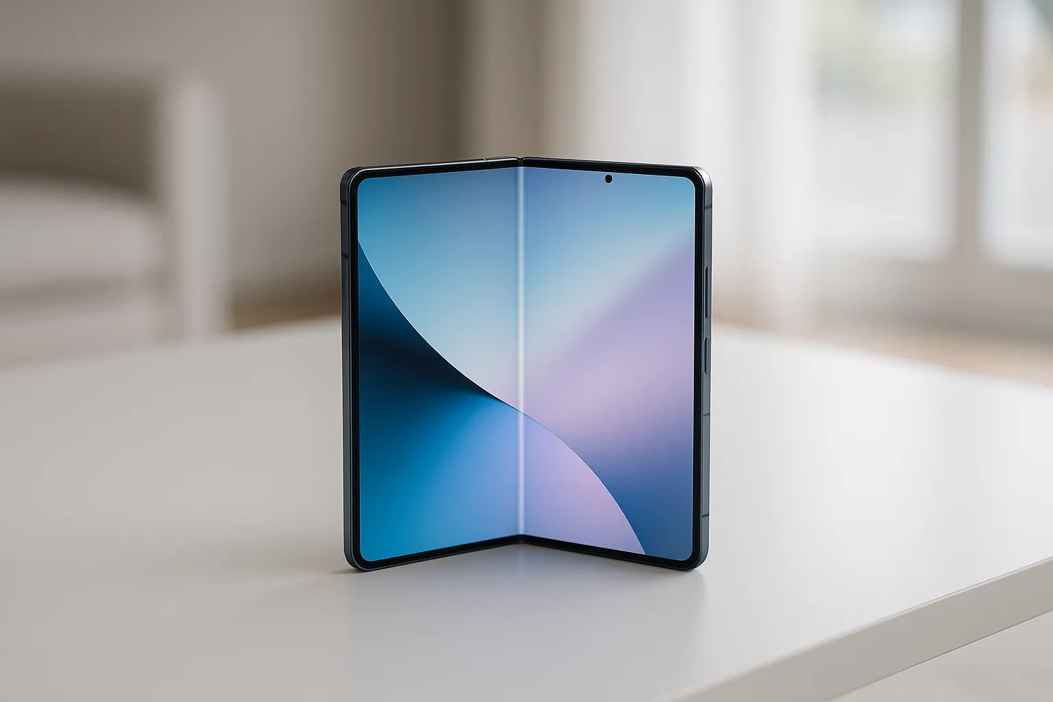 in modernes, geöffnetes Falt-Smartphone (ähnlich dem Galaxy Z Fold), das in einer hellen, klaren Umgebung auf einem eleganten, minimalistischen weißen Tisch liegt.