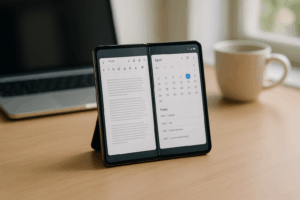 Ein aufgeklapptes Foldable-Smartphone steht auf einem Schreibtisch und zeigt zwei geöffnete Apps.