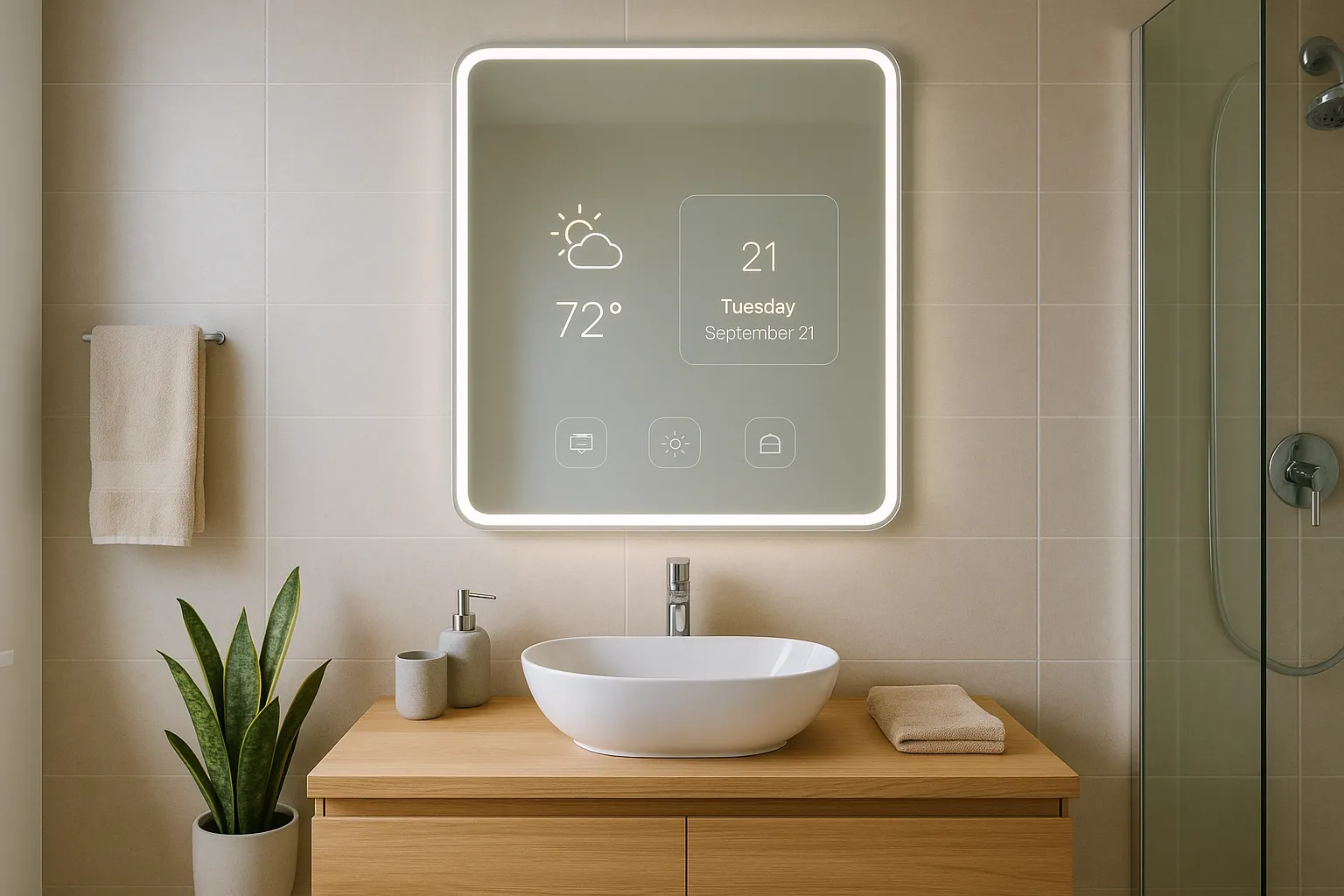 Badezimmer in hellen, freundlichen Farben mit einem großen, eleganten Wandspiegel. Auf dem Spiegel subtil angedeutete digitale Anzeigen oder Symbole, die eine smarte Assistenzfunktion andeuten.