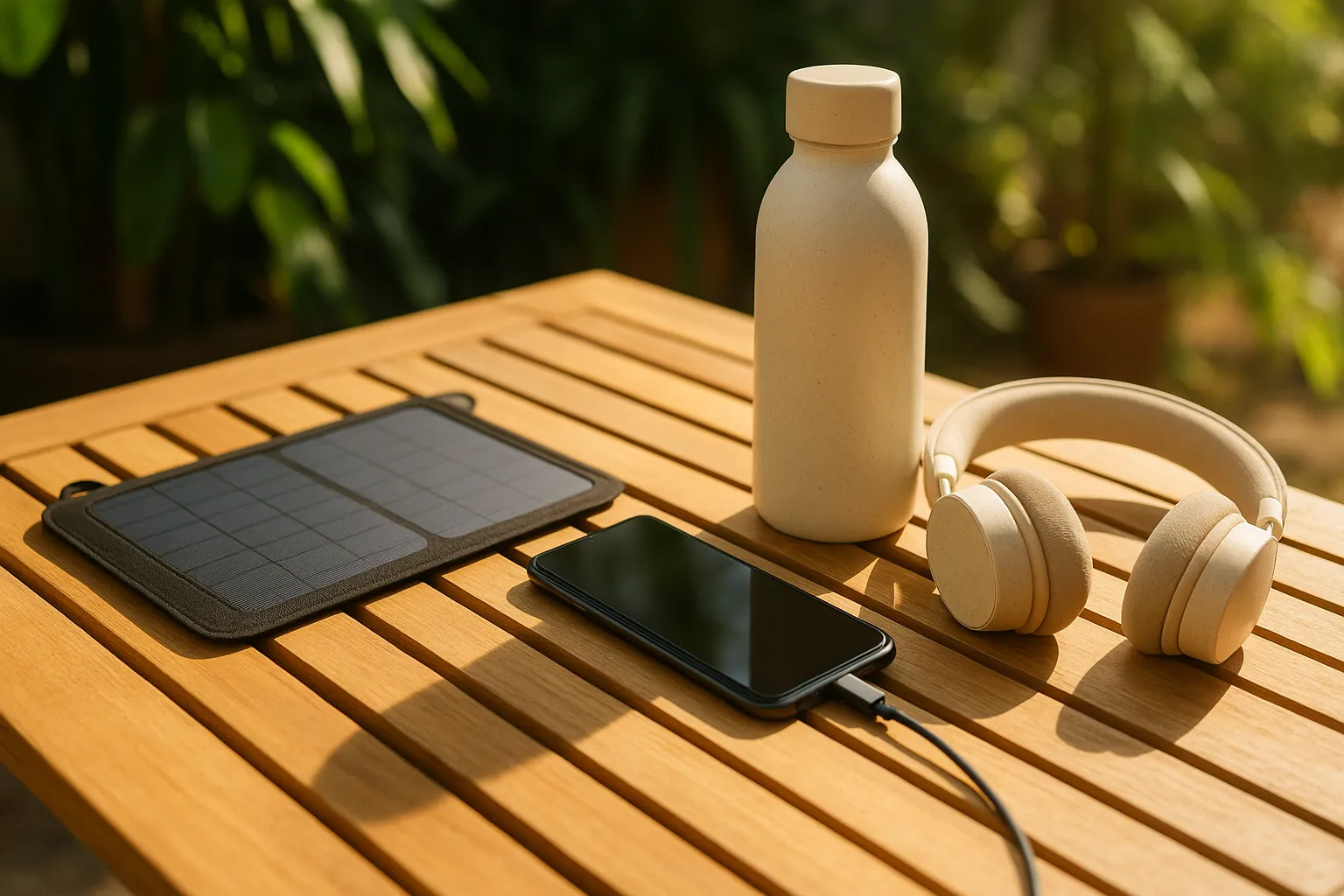 Ein solarbetriebenes Ladegerät, ein Smartphone, eine Bioplastik-Wasserflasche und nachhaltige Kopfhörer liegen auf einem hellen Holztisch im Freien, umgeben von grüner Vegetation bei Sonnenlicht.