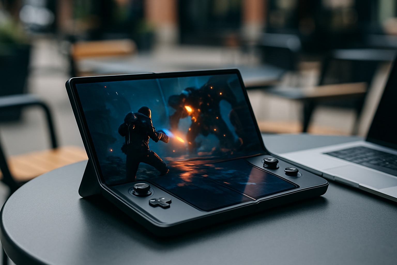 Futuristische tragbare Gaming-Konsole mit flexiblem Faltbildschirm, geöffnet im Spielmodus, stilvoll präsentiert auf einem Café-Tisch.
