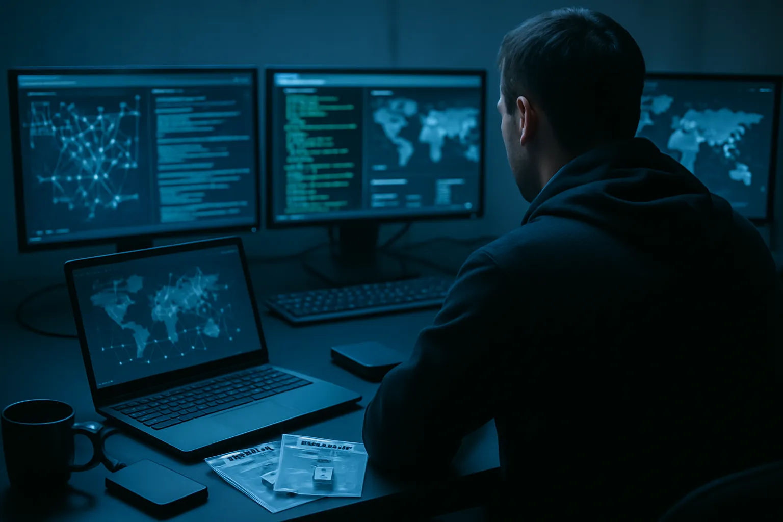 Cybercrime-Ermittler analysiert digitale Spuren auf mehreren Monitoren in einem modernen Überwachungsraum mit Beweismaterial auf dem Schreibtisch.