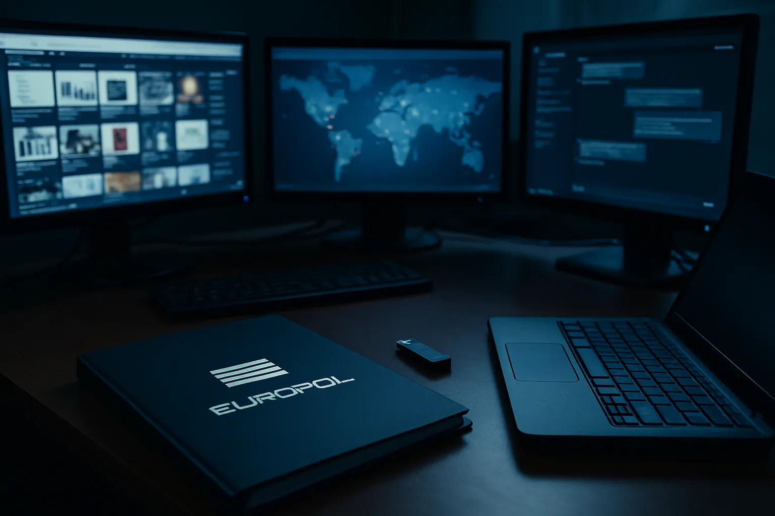 Arbeitsplatz eines Cybercrime-Ermittlers mit Europol-Ordner, USB-Stick und drei Monitoren mit Darknet- und IP-Tracking-Darstellungen in kühler Lichtstimmung