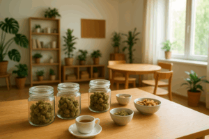 Heller Vereinsraum eines Cannabis Social Clubs in Deutschland mit Holz­tischen, Glasbehältern mit Cannabisblüten, Pflanzen und Snacks in freundlicher Wohlfühl-Atmosphäre