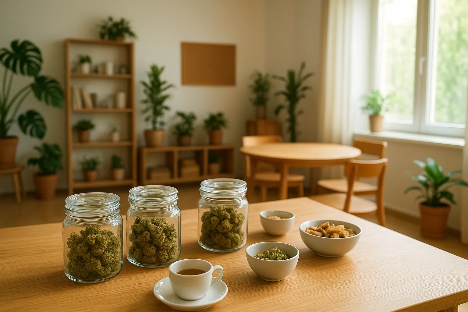 Heller Vereinsraum eines Cannabis Social Clubs in Deutschland mit Holztischen, Glasbehältern mit Cannabisblüten, Pflanzen und Snacks in freundlicher Wohlfühl-Atmosphäre
