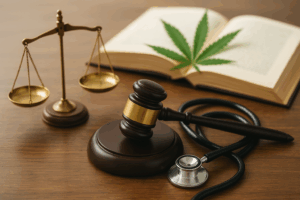 Richterhammer, Justizwaage, Stethoskop und Cannabisblatt auf Gesetzbuch – Symbol für juristische und medizinische Debatte zum Cannabis-Gesetz 2025