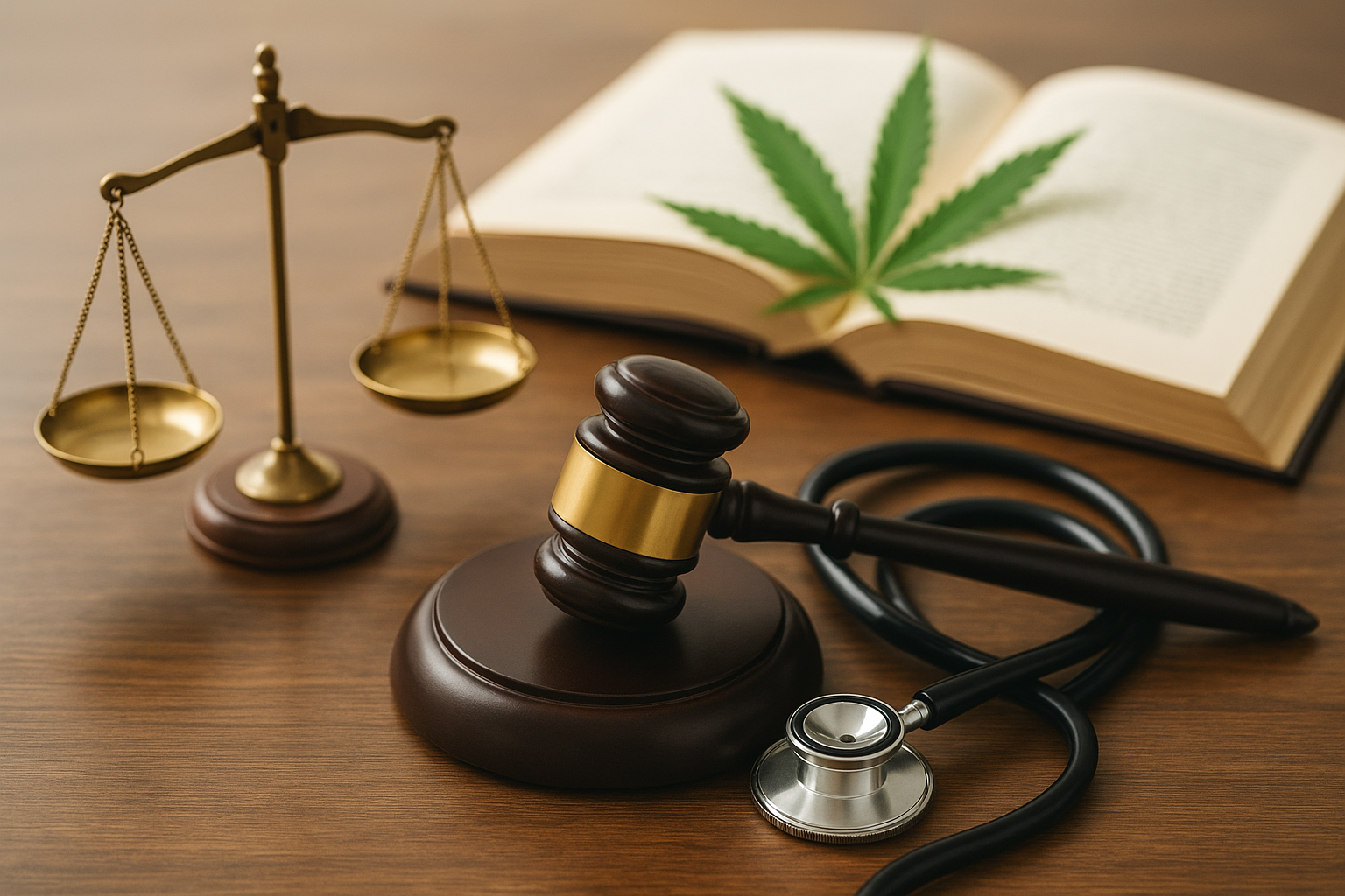 Richterhammer, Justizwaage, Stethoskop und Cannabisblatt auf Gesetzbuch – Symbol für juristische und medizinische Debatte zum Cannabis-Gesetz 2025