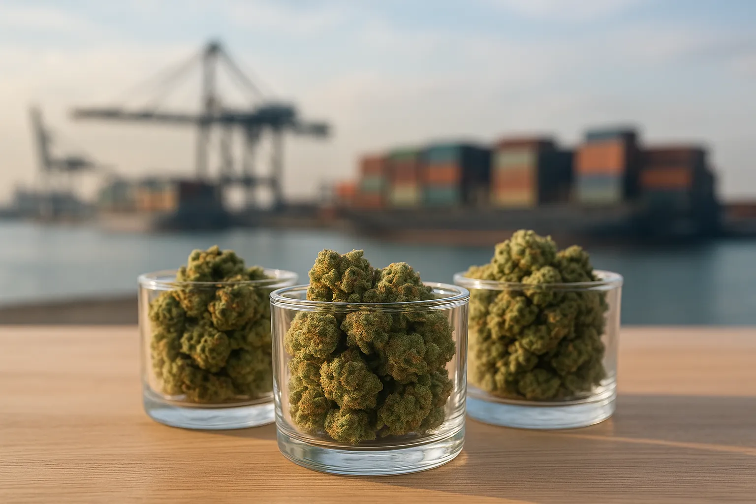 Gläser mit Cannabisblüten im Vordergrund, unscharfer Hafen mit Containern im Hintergrund – Symbol für Legalisierung und internationalen Drogenhandel.