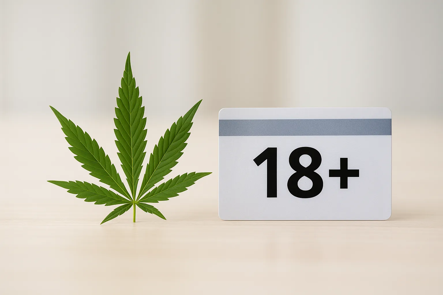 Cannabisblatt neben einer Altersgrenze-18+-Karte auf hellem Schreibtisch als Symbol für Jugendpolitik und Konsumgrenzen