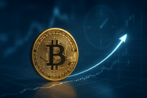 Ein glänzender goldener Bitcoin im Vordergrund, davor eine ansteigende Kurve und im Hintergrund ein subtil angedeuteter Countdown, der das kritische 60-Tage-Fenster symbolisiert – fotorealistisches Finanzbild in Blau-, Silber- und Goldtönen, professionell und dynamisch.