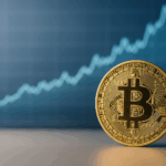 Goldene Bitcoin-Münze auf reflektierender Oberfläche vor unscharfem Börsenchart mit blauer Kurve, symbolisch für Marktbewegungen im Jahr 2025.