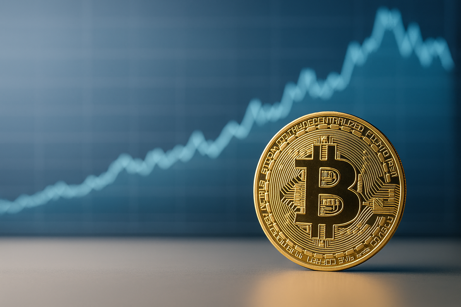 Goldene Bitcoin-Münze auf reflektierender Oberfläche vor unscharfem Börsenchart mit blauer Kurve, symbolisch für Marktbewegungen im Jahr 2025.