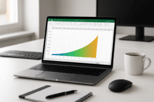 Laptop mit geöffneter Excel-Tabelle und farbigem Zinseszins-Diagramm auf modernem Schreibtisch, daneben Tasse Kaffee, Stift und Notizblock, helles natürliches Licht, technischer und professioneller Look.