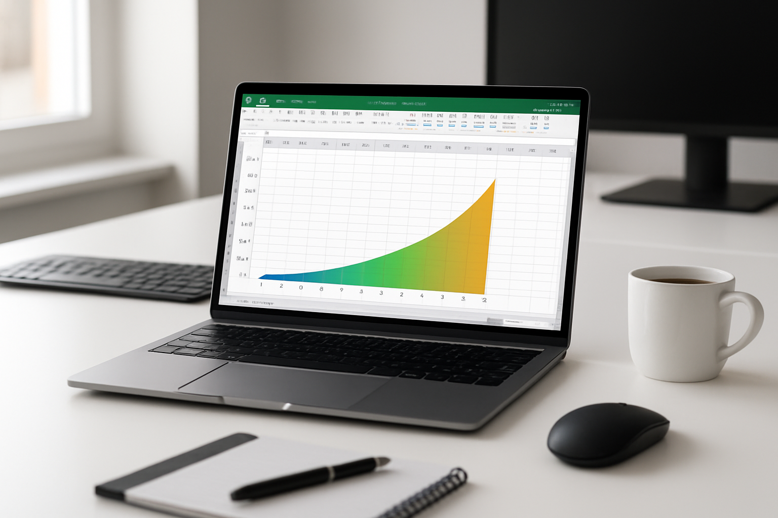 Laptop mit geöffneter Excel-Tabelle und farbigem Zinseszins-Diagramm auf modernem Schreibtisch, daneben Tasse Kaffee, Stift und Notizblock, helles natürliches Licht, technischer und professioneller Look.