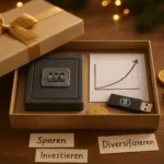 **Alt-Tag:** Weihnachtlich dekorierte Geschenkbox mit Zahlenschloss, Diagramm und USB-Stick auf Holztisch – symbolisch für kreative Geldgeschenke, finanzielle Bildung und modernes Investieren.