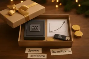 **Alt-Tag:** Weihnachtlich dekorierte Geschenkbox mit Zahlenschloss, Diagramm und USB-Stick auf Holztisch – symbolisch für kreative Geldgeschenke, finanzielle Bildung und modernes Investieren.
