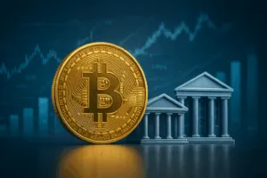 Glänzender Bitcoin vor Banken und Finanzdaten, modernes Finanzumfeld mit Charts und digitalen Datenströmen.