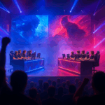 Großes eSports-Turnier mit zwei Teams auf einer hell beleuchteten Bühne, dynamische LED-Lichter in Blau und Rot, jubelnde Zuschauer im Vordergrund.