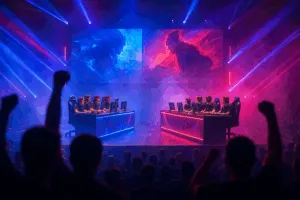 Großes eSports-Turnier mit zwei Teams auf einer hell beleuchteten Bühne, dynamische LED-Lichter in Blau und Rot, jubelnde Zuschauer im Vordergrund.