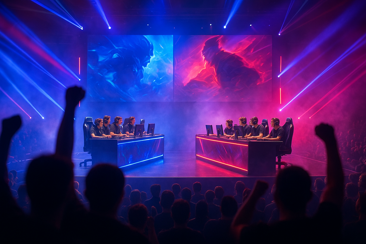Großes eSports-Turnier mit zwei Teams auf einer hell beleuchteten Bühne, dynamische LED-Lichter in Blau und Rot, jubelnde Zuschauer im Vordergrund.