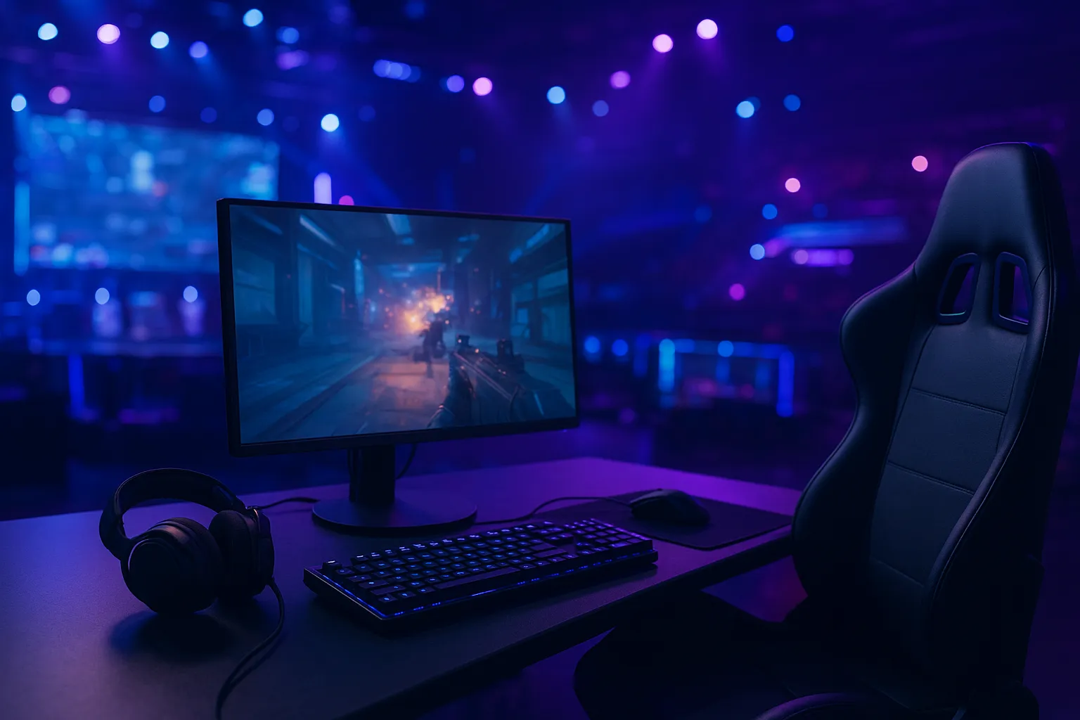 Professionelles eSports-Setup in einer modernen Arena mit beleuchtetem Gaming-Tisch, Monitor, Tastatur, Headset und Gaming-Stuhl in blauen und violetten Lichttönen.