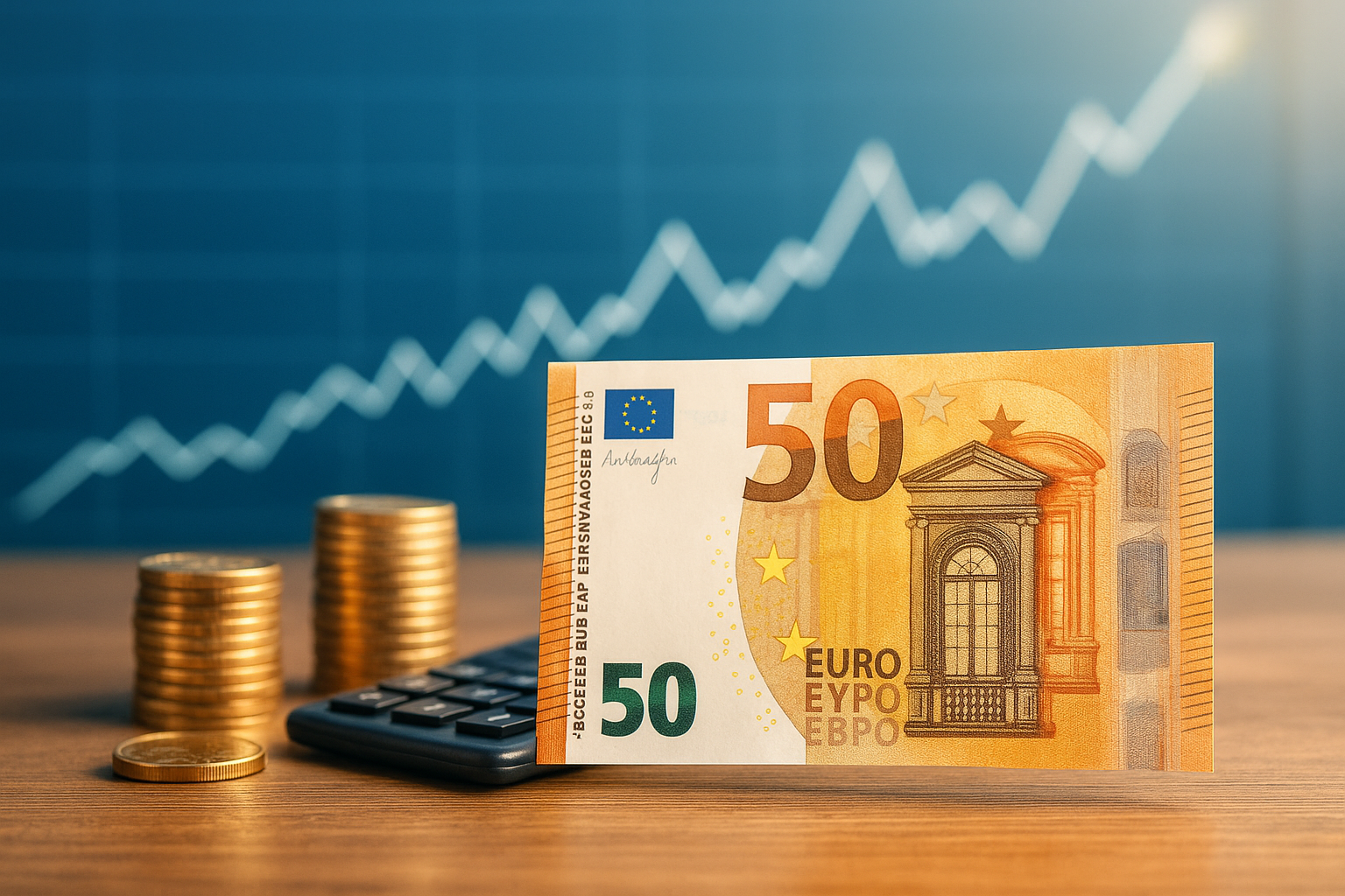 50-Euro-Schein auf einem Tisch mit Münzstapeln, Taschenrechner und ansteigendem Finanzdiagramm im Hintergrund – Symbol für Wachstum durch Zinseszins.