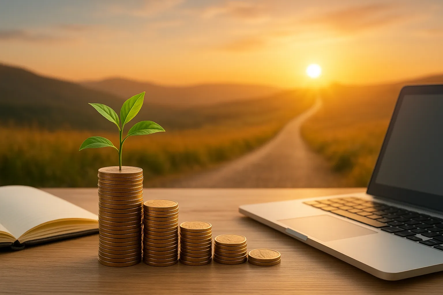 Symbolbild zum Zinseszinseffekt und FIRE-Bewegung: Wachsende Münzstapel mit Pflanze, Laptop und Notizbuch im Vordergrund, Sonnenaufgang mit Weg in die Freiheit im Hintergrund.