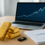 Goldbarren, Laptop mit Aktienchart und USB-Stick mit Bitcoin-Symbol auf modernem Schreibtisch – symbolische Darstellung von Kapitalrotation nach dem Bitcoin Bull Run.