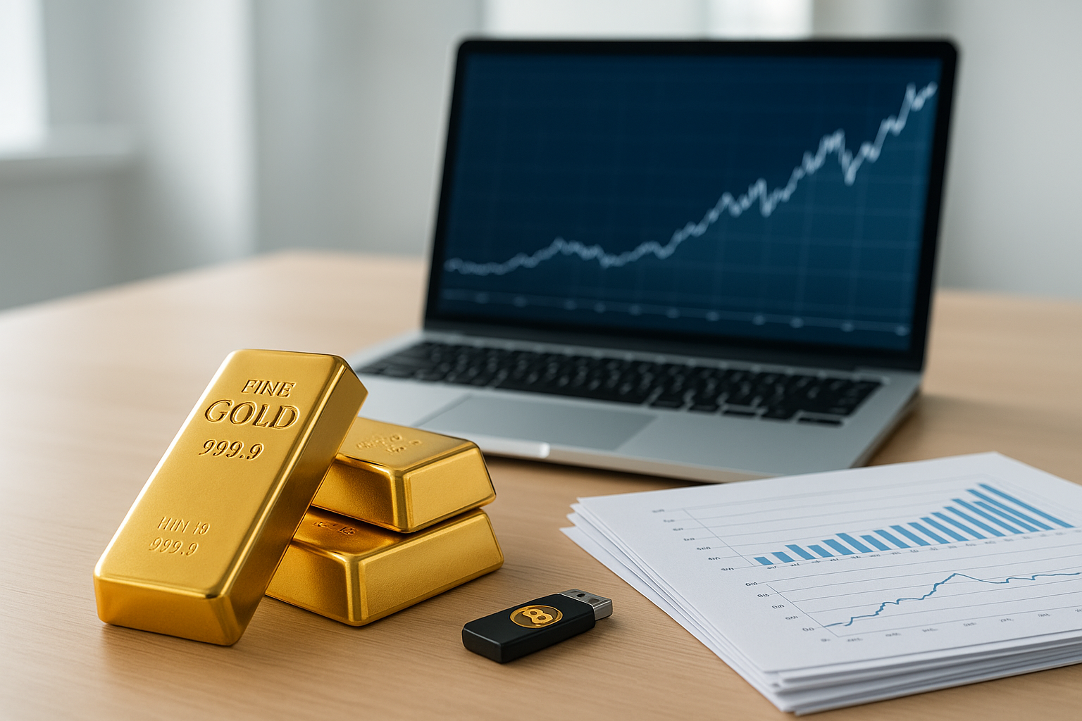 Goldbarren, Laptop mit Aktienchart und USB-Stick mit Bitcoin-Symbol auf modernem Schreibtisch – symbolische Darstellung von Kapitalrotation nach dem Bitcoin Bull Run.