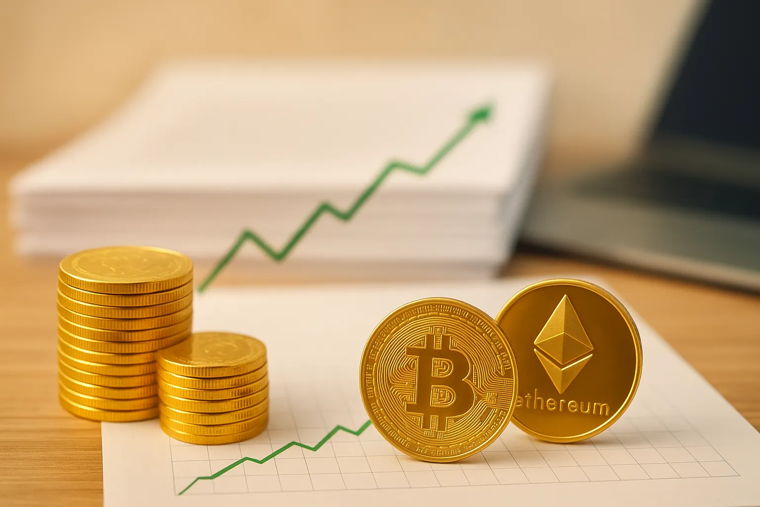 Goldmünzen und Krypto-Coins vor steigendem Finanzdiagramm als Symbol für Zinseszins und Wachstum