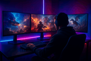 Ein Gamer sitzt in einem futuristisch beleuchteten Raum vor drei Monitoren, auf denen actionreiche Spielszenen mit Raumschiffen und Drachen zu sehen sind