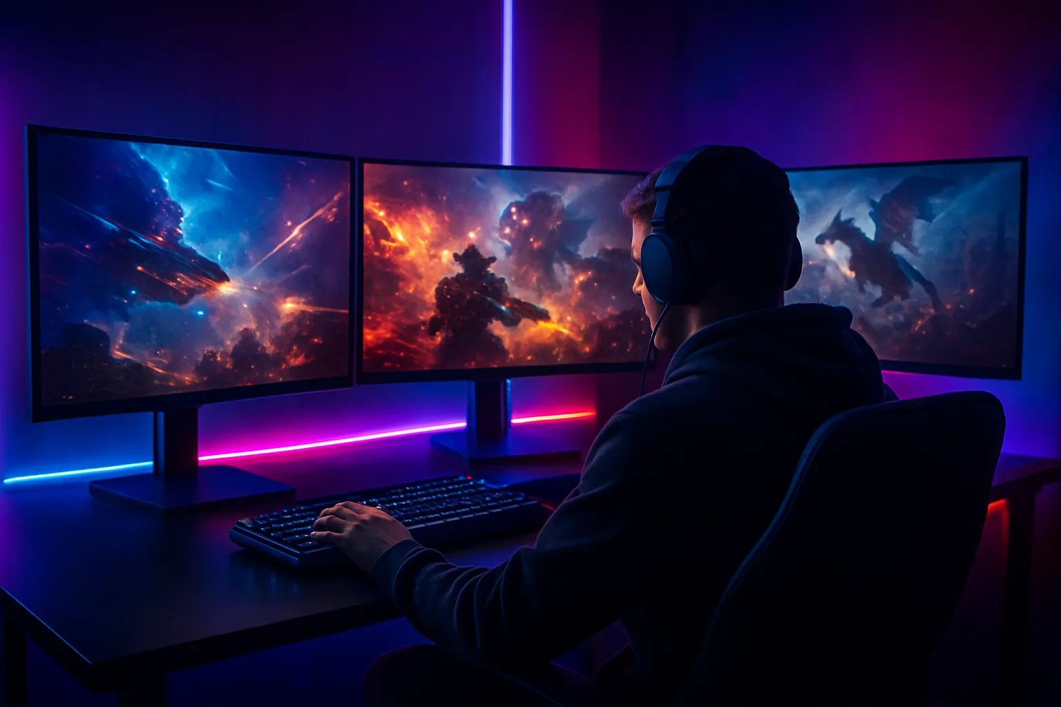 Ein Gamer sitzt in einem futuristisch beleuchteten Raum vor drei Monitoren, auf denen actionreiche Spielszenen mit Raumschiffen und Drachen zu sehen sind