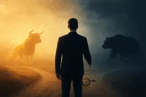 Ein Investor steht an einer symbolischen Weggabelung – links leuchtet ein goldener Bulle im warmen Licht, rechts erscheint ein dunkler Bär in kühler, stürmischer Atmosphäre. Der Investor hält eine Waage mit Kompass, Symbol für rationales Investieren zwischen FOMO und FUD. Fotorealistisches Bild mit klarer Lichtbalance und harmonischer Komposition.