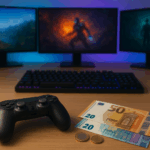 Gaming-Schreibtisch mit Tastatur, Controller und realistischen Euro-Geldscheinen, stimmungsvoll beleuchtet durch blaue und violette LED-Lichter, Symbol für Geld verdienen mit Gaming.