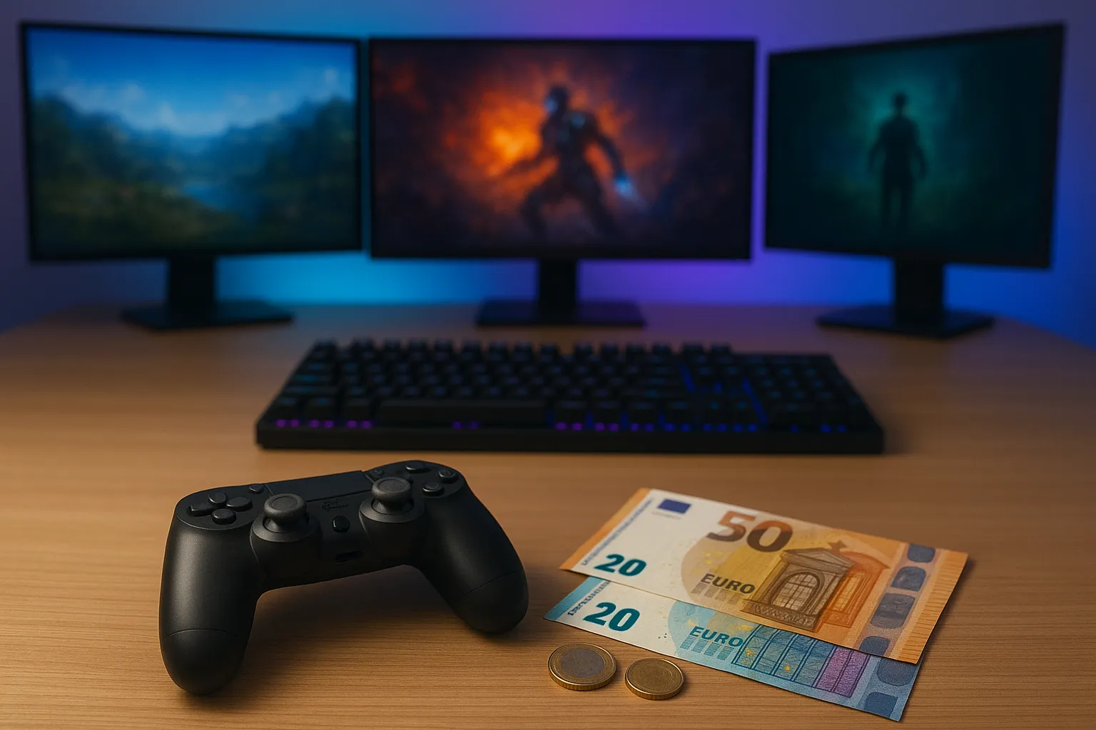Gaming-Schreibtisch mit Tastatur, Controller und realistischen Euro-Geldscheinen, stimmungsvoll beleuchtet durch blaue und violette LED-Lichter, Symbol für Geld verdienen mit Gaming.
