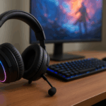 Gaming-Setups auf einem stilvollen Schreibtisch. Im Vordergrund liegt ein hochwertiges, kabelloses Gaming-Headset mit Mikrofonarm, weichen Ohrpolstern und subtiler RGB-Beleuchtung an den Ohrmuscheln.